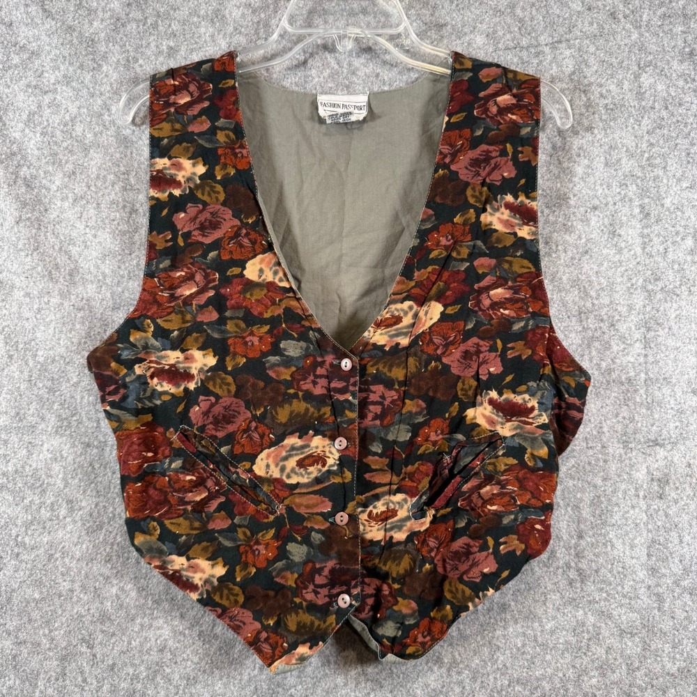 Vtg Cottagecore Boho Earthy Vest Womens Medium Dark Floral Fall Waistcoat Top